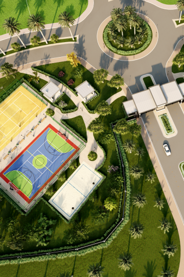 Visão de cima da entrada de um condomínio e sua área de lazer com quadre de futebol e quadra de tênis