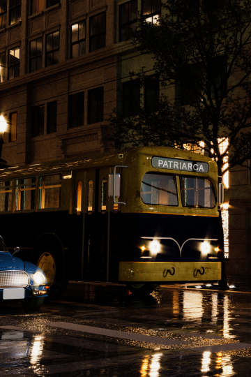 Rua de uma cidade em um dia chuboso com um carro e um ônibus passando